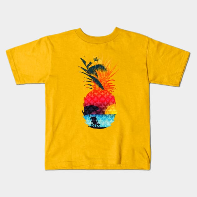 Sunset Summer Beach Pineapple Kids T-Shirt by Exosam